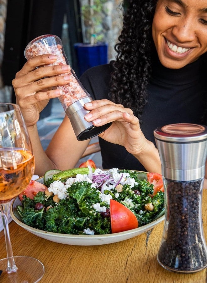 KELVEE طقم مطحنة ملح وفلفل بحر من الفولاذ المقاوم للصدأ الممتاز من KELVEE مكون من قطعتين - شفرات سيراميك، خشونة قابلة للتعديل، هزازات ملح وفلفل زجاجية طويلة قابلة لإعادة التعبئة - مطحنة توابل للمطبخ (عبوة يدوية من قطعتين) - Image 2